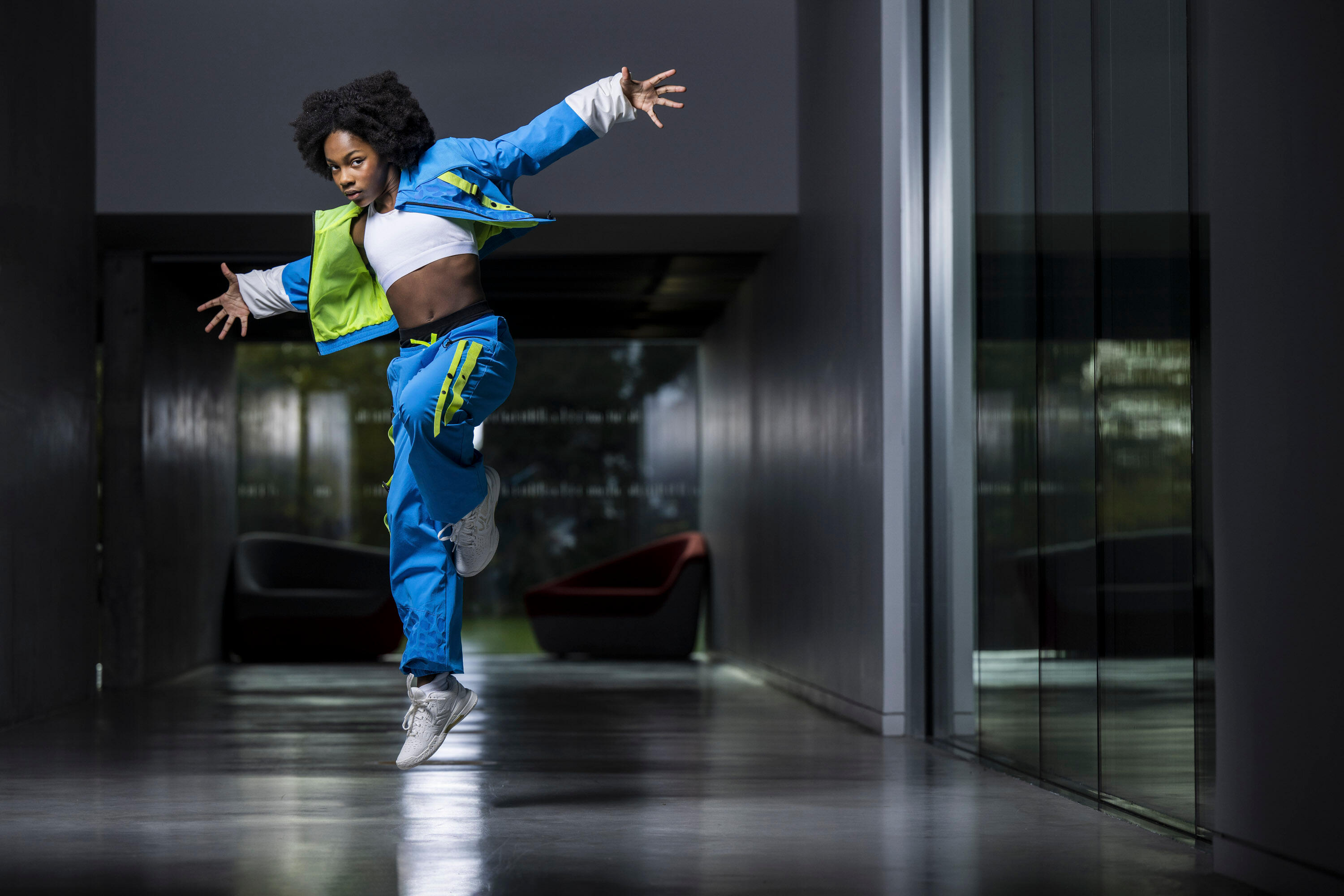 Veste danse street commercial crop loose, Sabrina Lonis - Fille - bleu 7/8