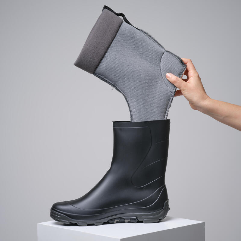 BOTTES DE PLUIE HIVER CHAUDS FOURRÉES LÉGÈRES 100 NOIR - FEMME HOMME