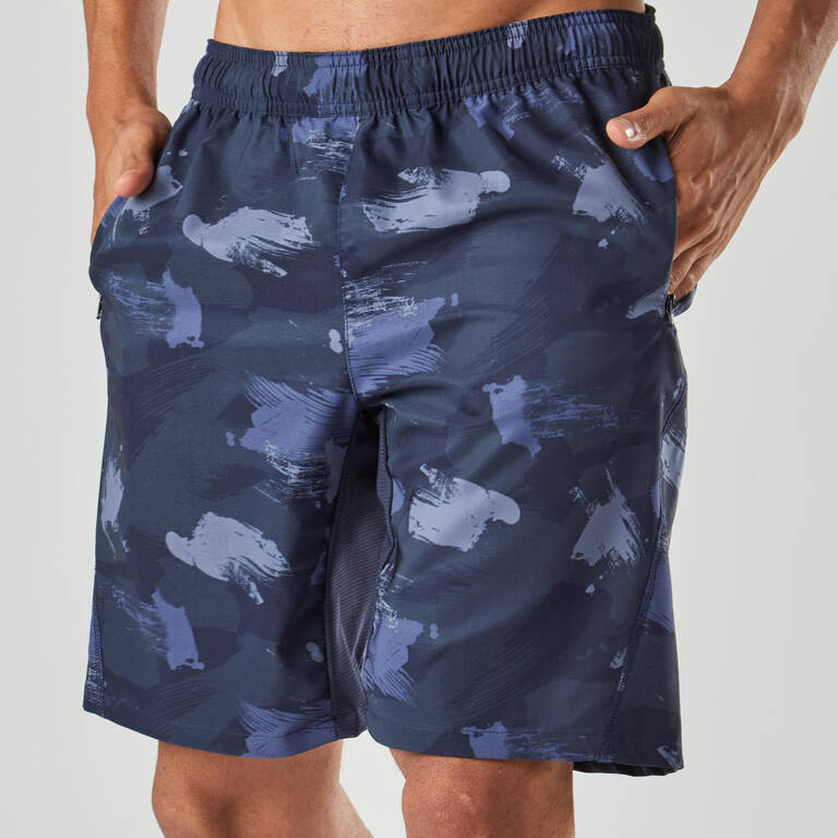 Men Sports Gym Shorts   Polyester With Zip Pockets - Blue Camo