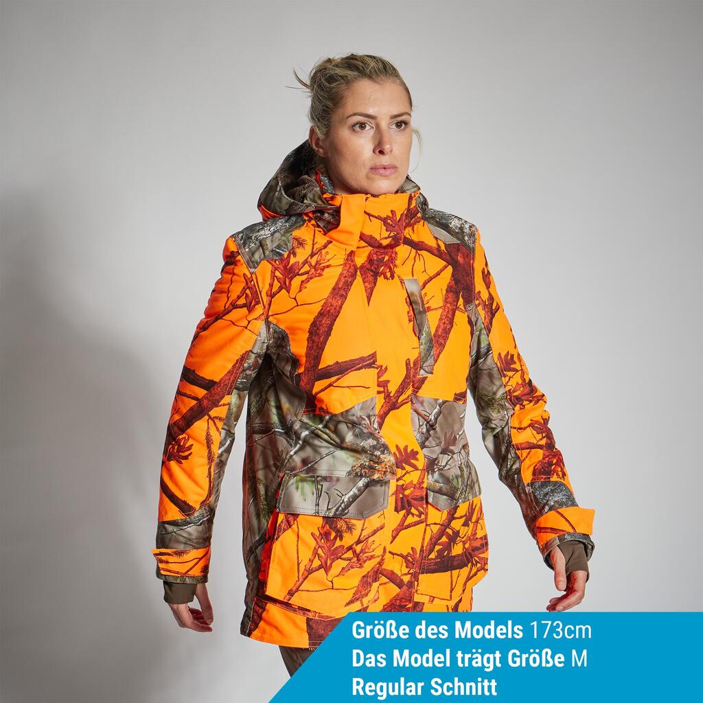 Jagdjacke Regenjacke 500 Damen 3-in-1 warm geräuscharm camouflage/orange 