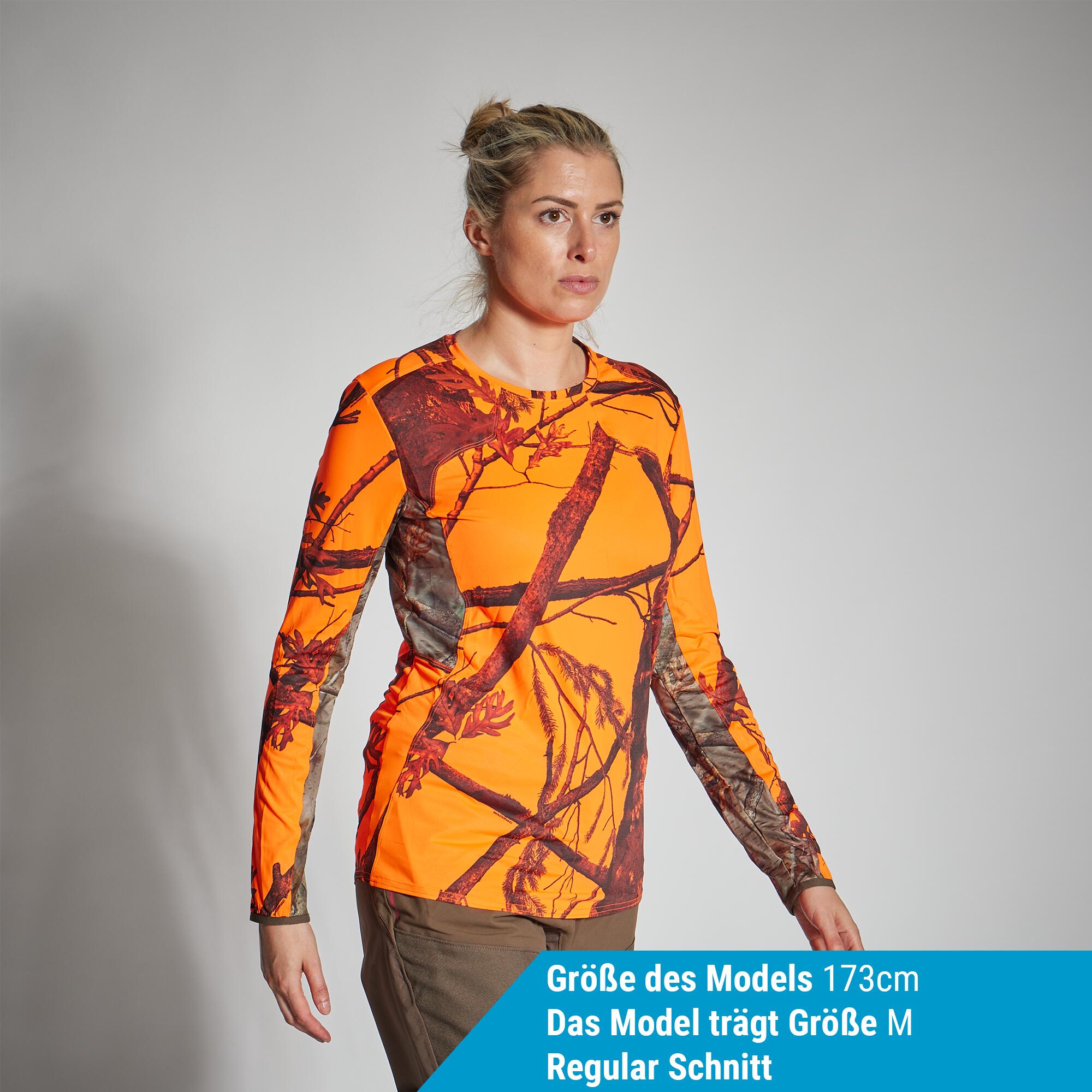 Jagdshirt langarm 500 Damen geräuscharm atmungsaktiv camouflage/orange  8/10