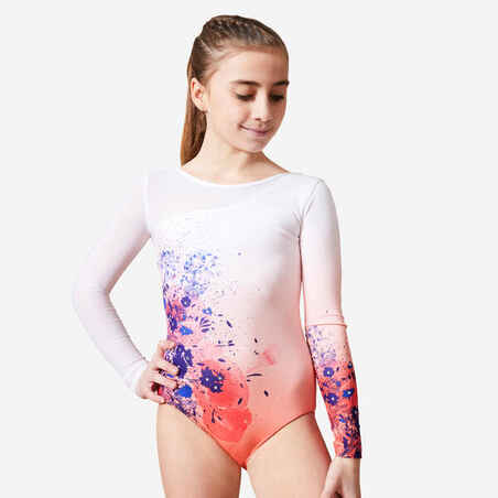 Girls' Long-Sleeved Rhinestone Gym Leotard JML980 - Pink/Orange Flower Print