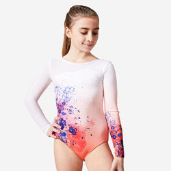 Maillot Gimnasia JML980 Niña Salmón Estampado Flores Cristales Manga Larga