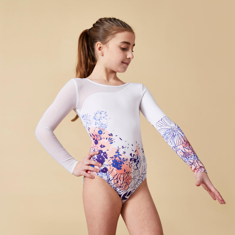 Çocuk Uzun kollu Jimnastik Mayosu - Beyaz / Çiçek Baskılı - JML980