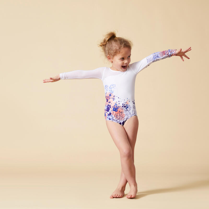 Çocuk Uzun kollu Jimnastik Mayosu - Beyaz / Çiçek Baskılı - JML980
