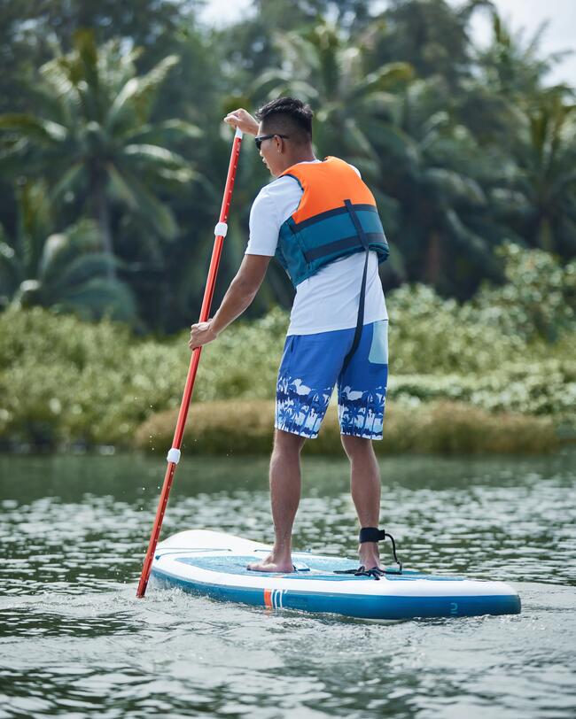 Mann in orange-blauer Weste auf Paddleboard, umgeben von grünem Wald, bewölkter Himmel, tropisches Ambiente.