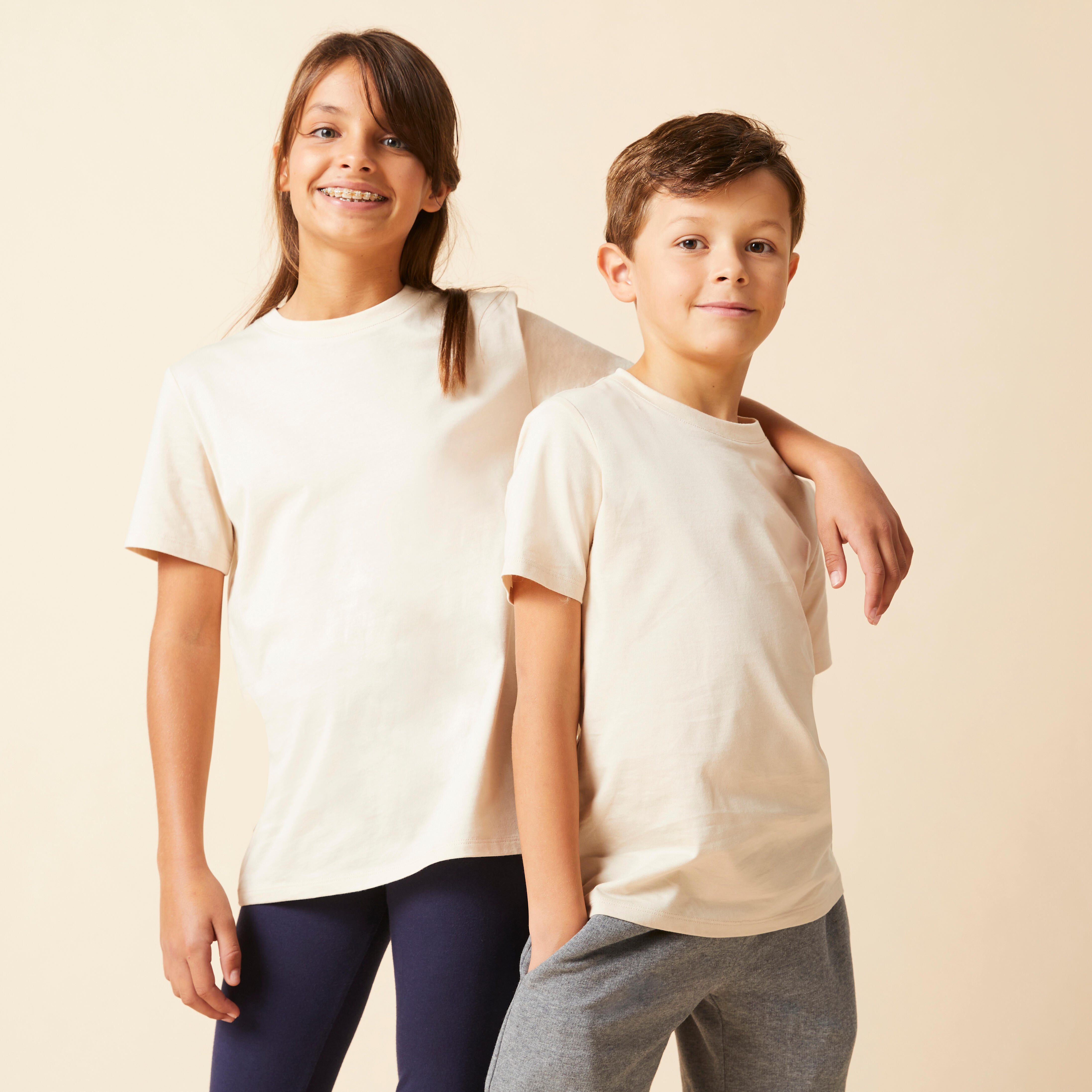 T shirt bambino ginnastica ESSENTIALS regular fit 100 cotone azzurra DOMYOS Decathlon