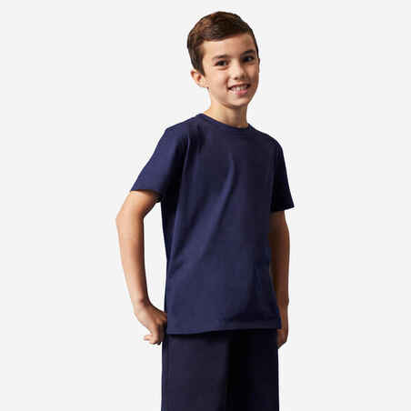 Camiseta de fitness manga corta Unisex para Niños Domyos 500 azul oscuro