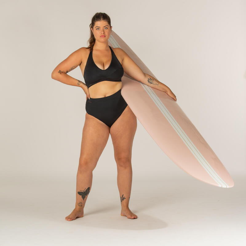 Bikini-Hose Damen Rosa Surfen hoher breiter Taillenbund schwarz 