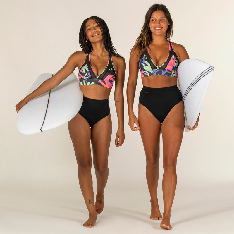 Bikinibroekje met hoge taille voor dames surfen Rosa zwart.