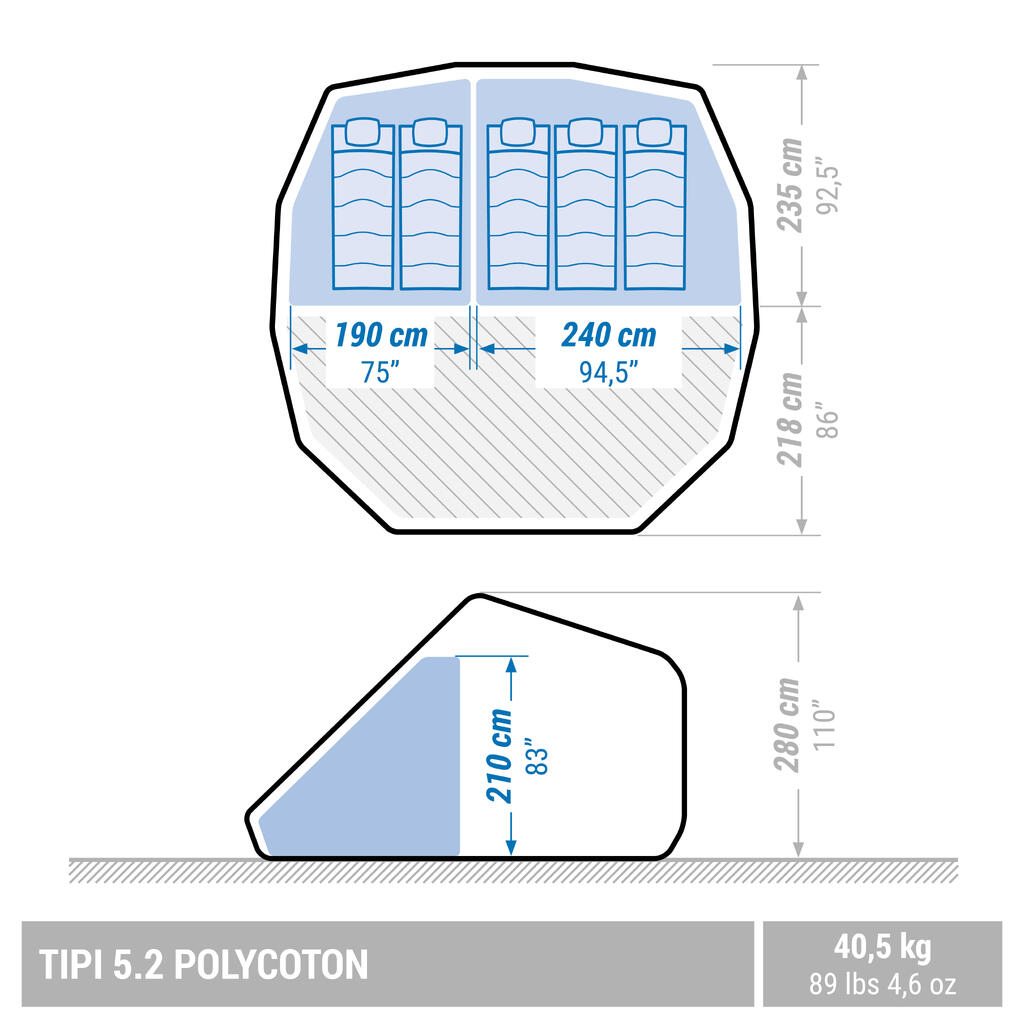 Tipi matkatelk Tepee 5.2 Polycotton, 5 inimesele, 2 magamistuba