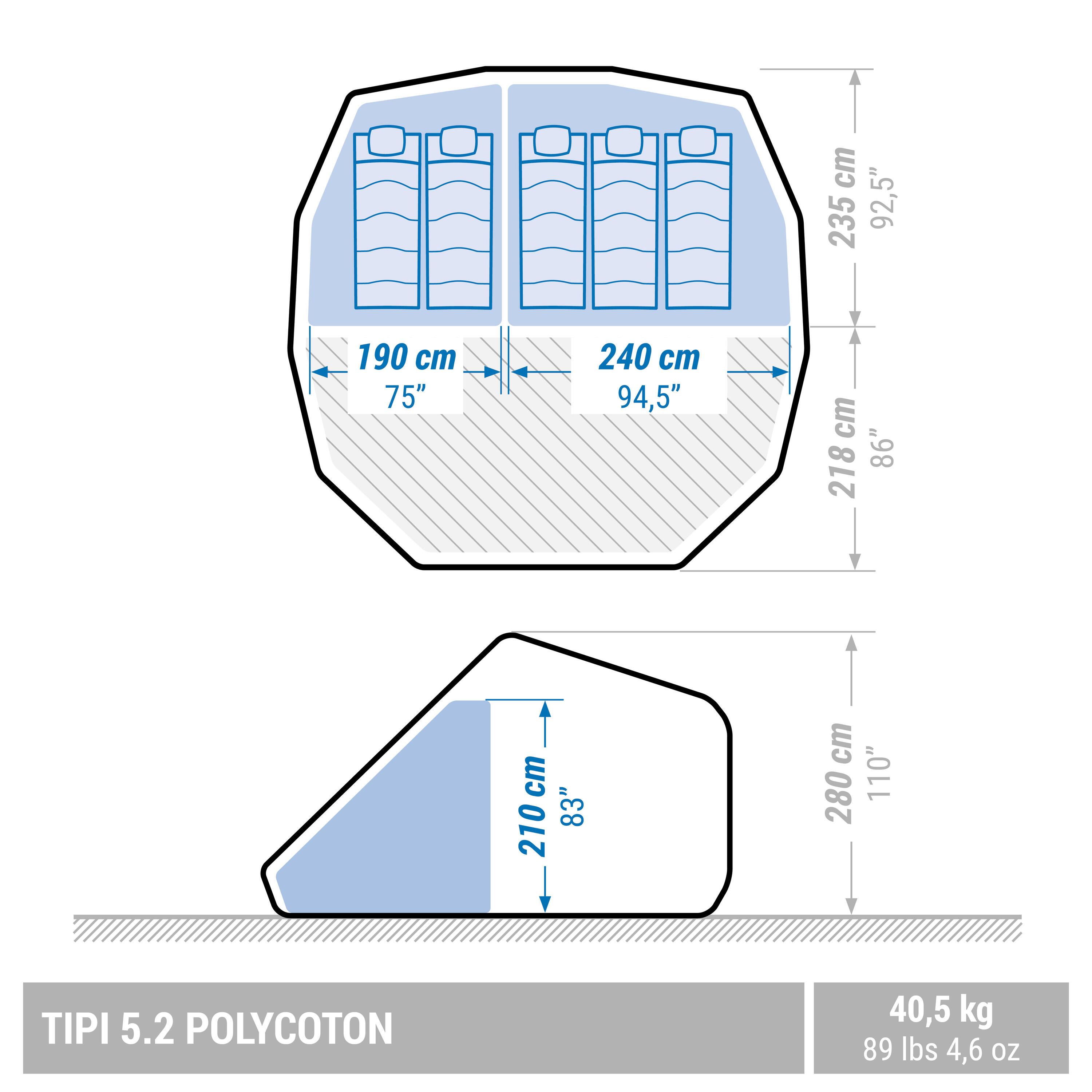Kampeertipi voor vijf personen Tepee 5.2 polykatoen twee slaapruimtes 2/30