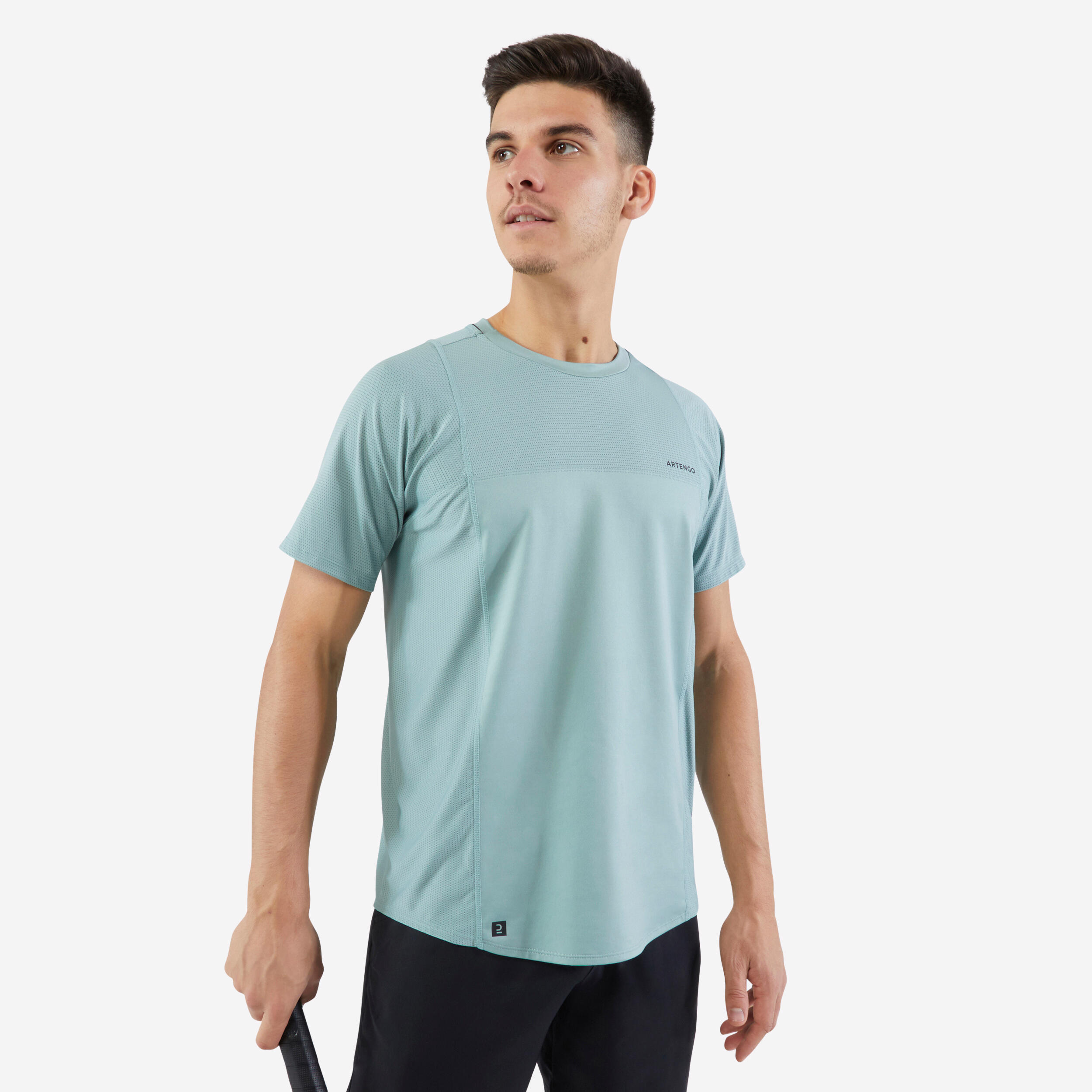 ARTENGO Men's Tennis Short-Sleeved T-Shirt Dry RN - Green-Grey