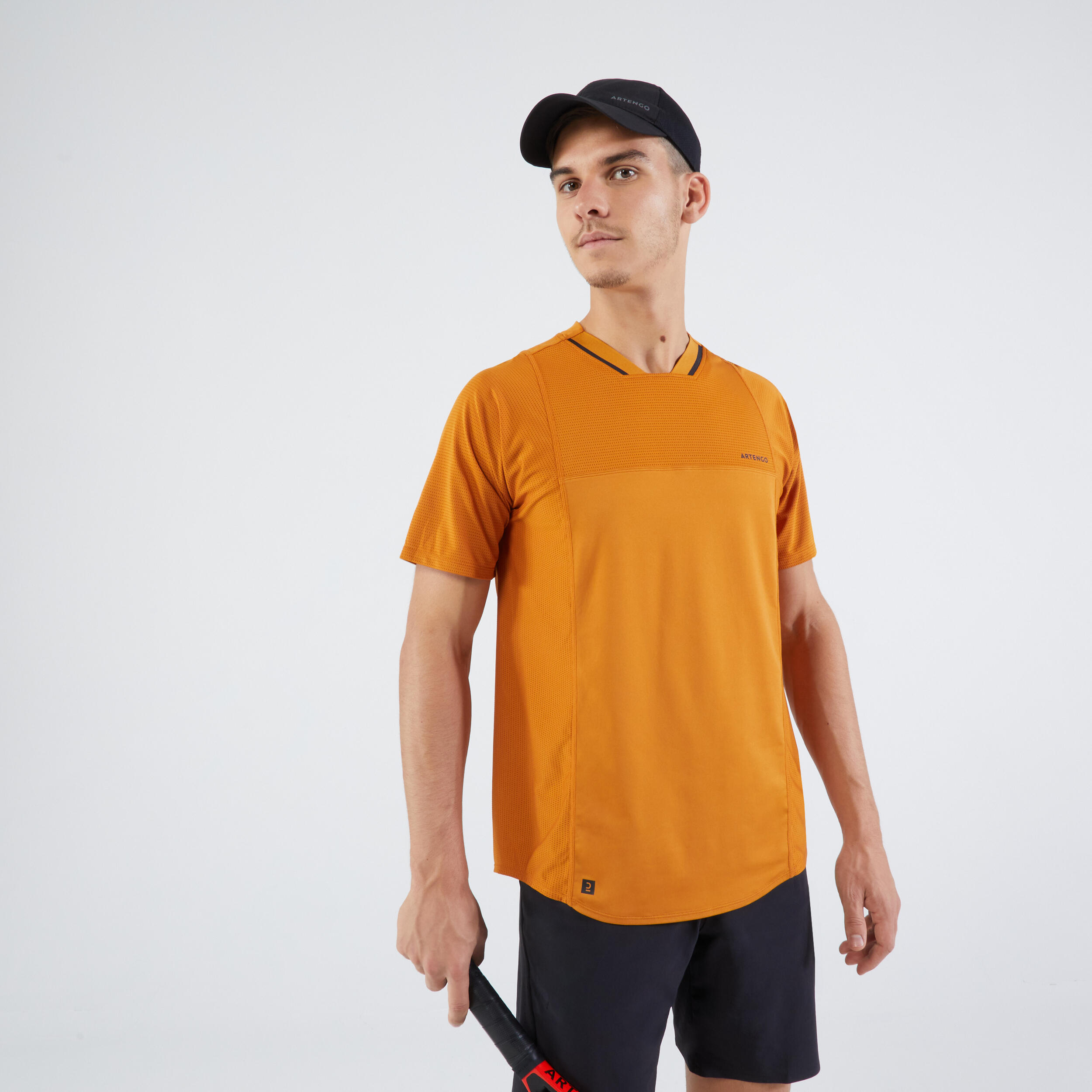 ARTENGO Men's Short-Sleeved Tennis T-Shirt DRY VN - Ochre/Black