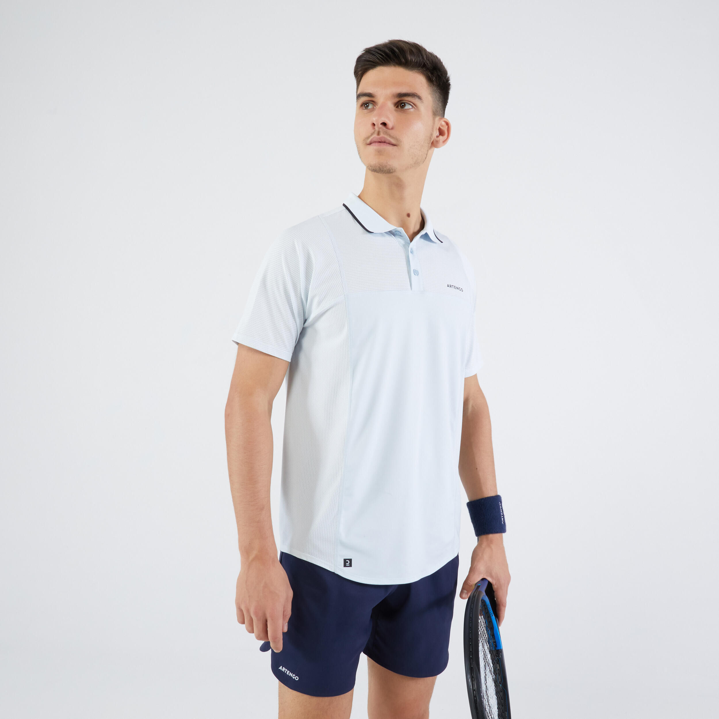 ARTENGO Men's Short-Sleeved Tennis Polo Dry - Light Grey/Black