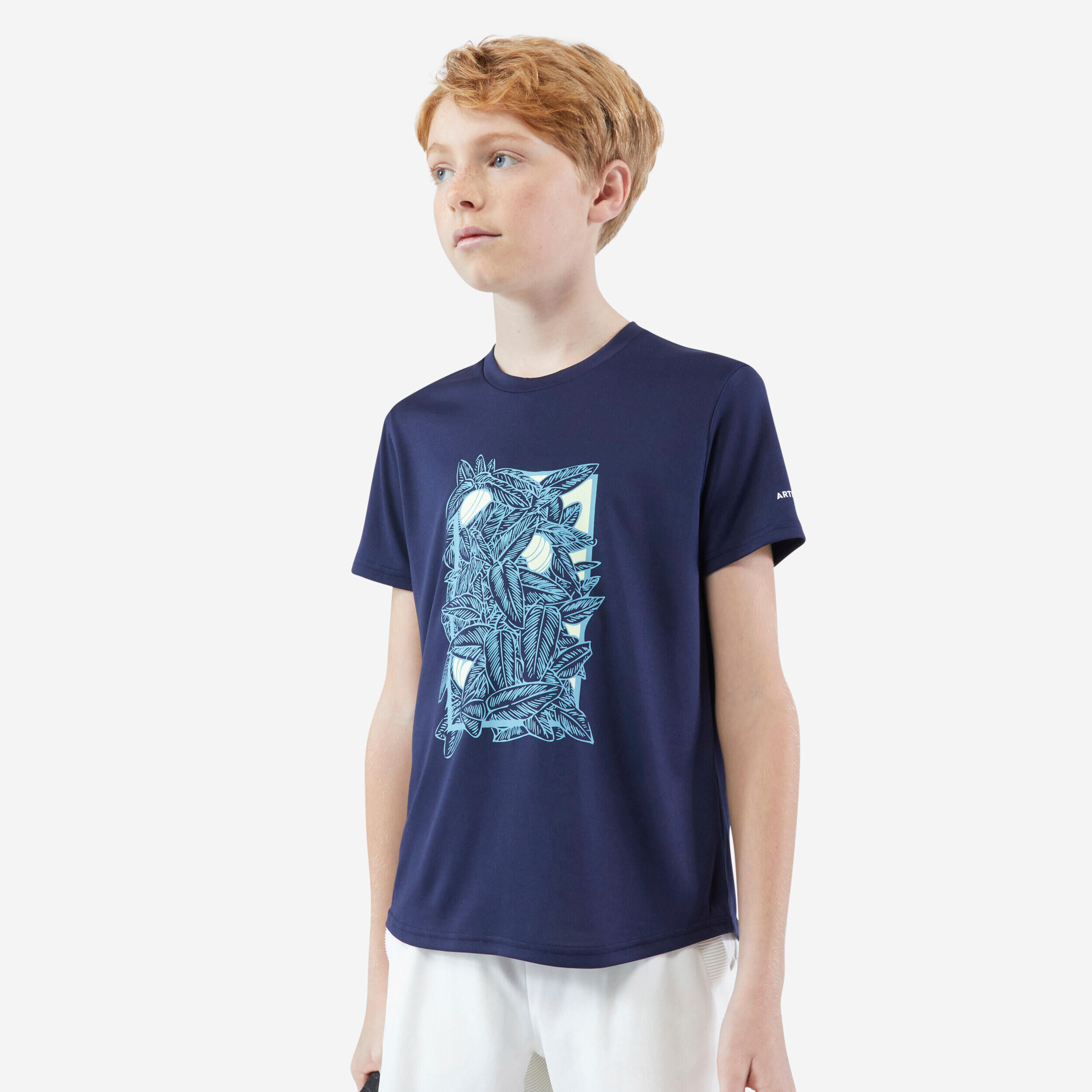 ARTENGO Boys' Tennis T-Shirt Essential - Navy Blue/Yellow