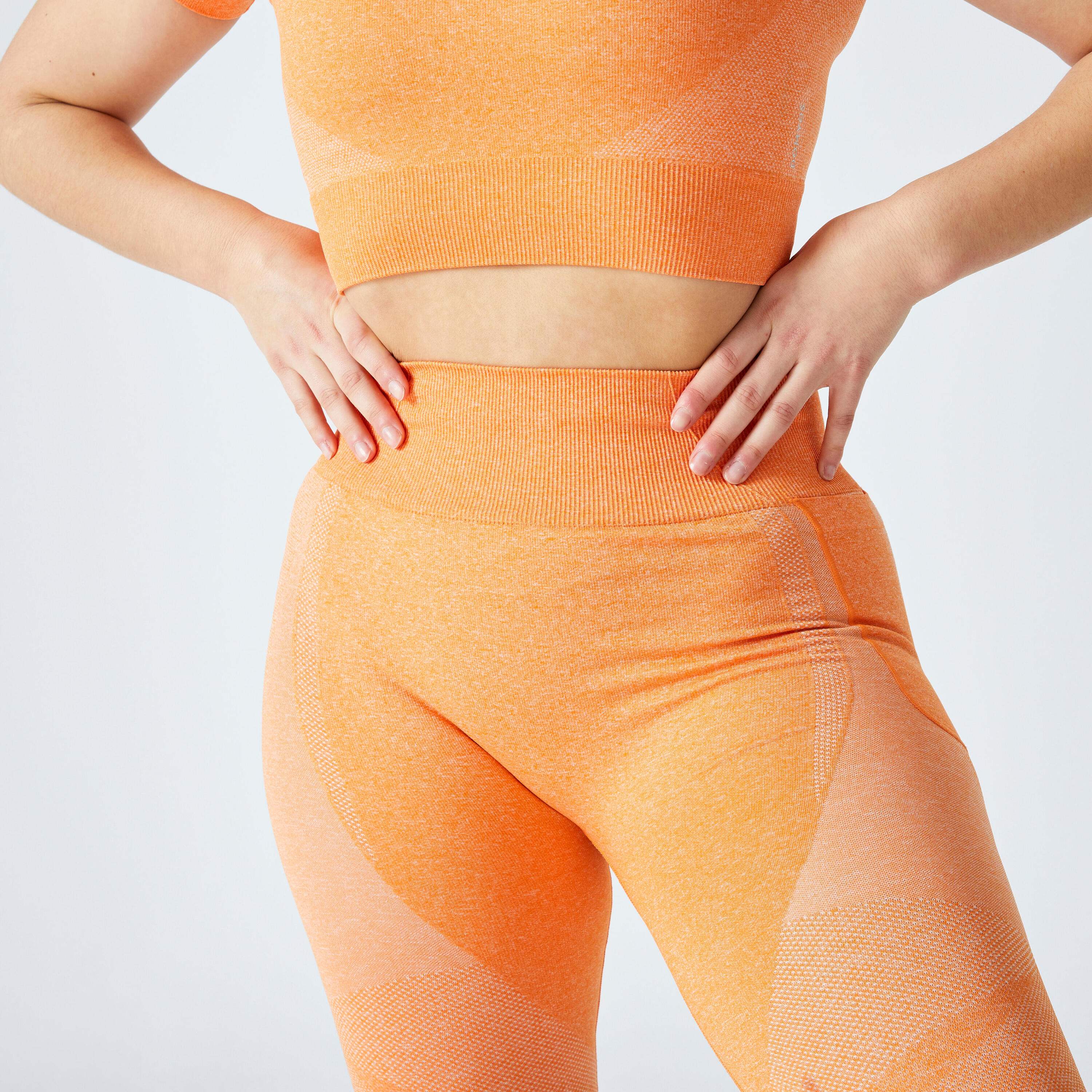 Dámské fitness legíny s vysokým pasem a kapsičkou na telefon bezešvé oranžové 3/6