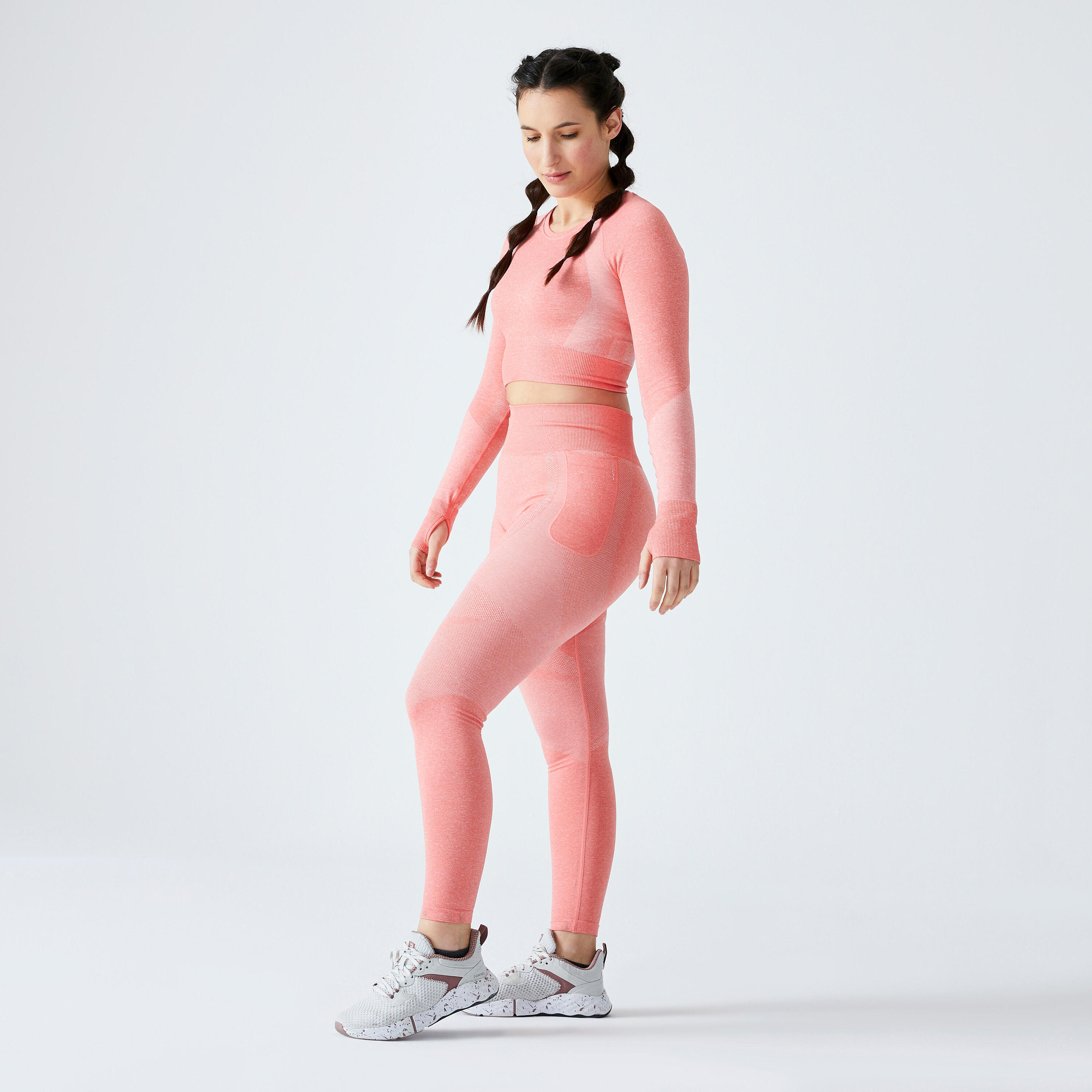 Dámské fitness legíny bezešvé s vysokým pasem a kapsičkou na telefon růžové 2/5
