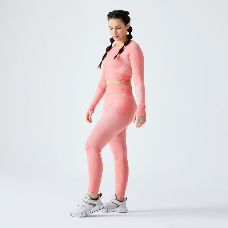 Leggings de Fitness Sem Costuras Cintura Subida com Bolso para Telemóvel Rosa