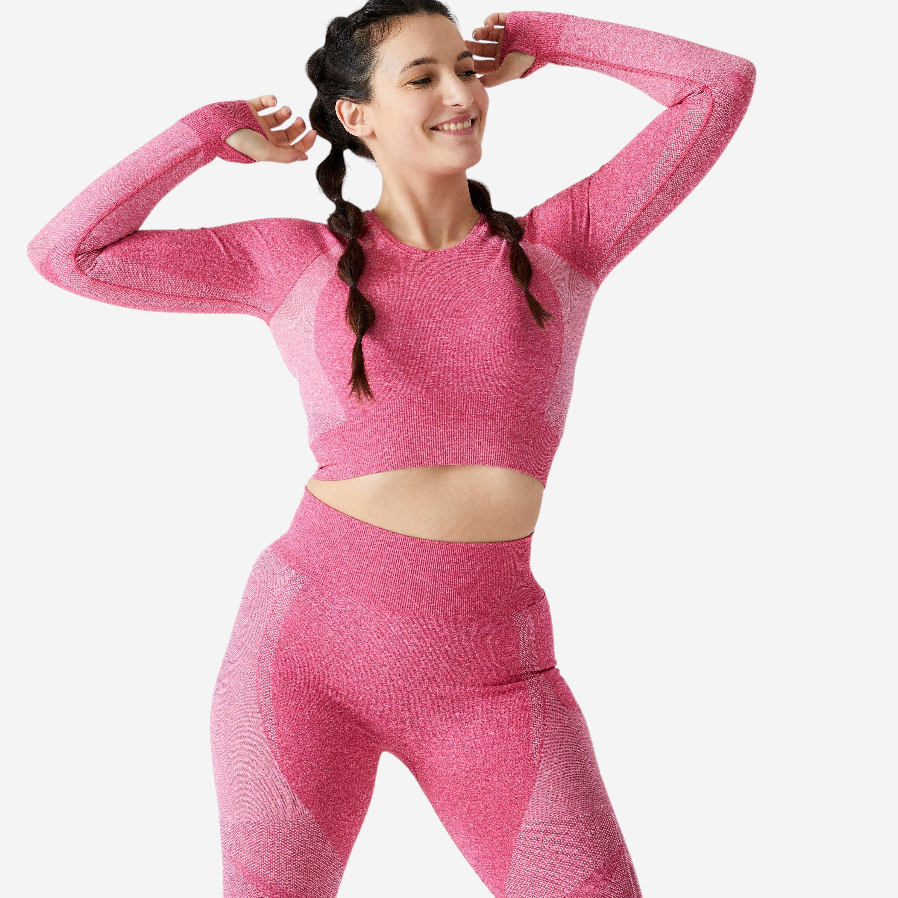 DOMYOS Long-Sleeved Cropped Seamless Fitness T-Shirt - Pink