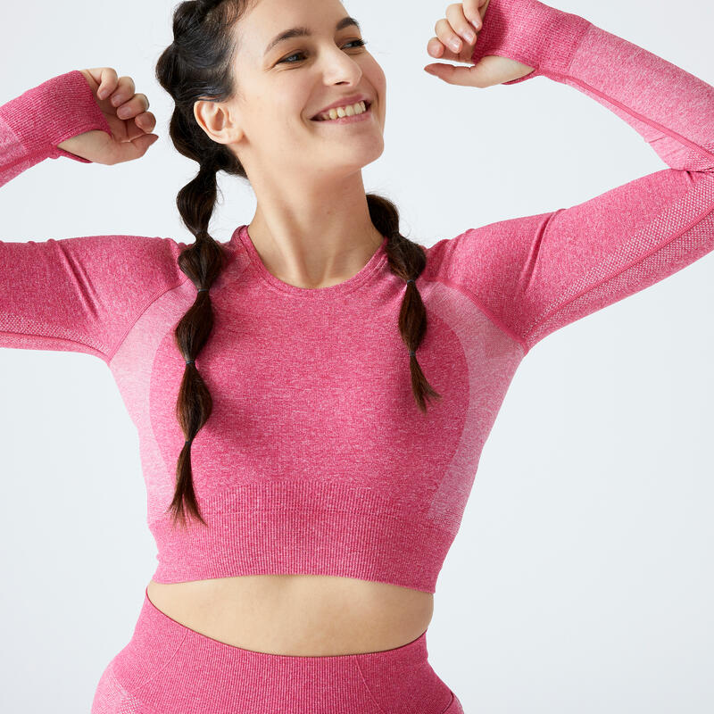 Camiseta Crop Top Fitness Rosa Manga Larga Sin Costuras