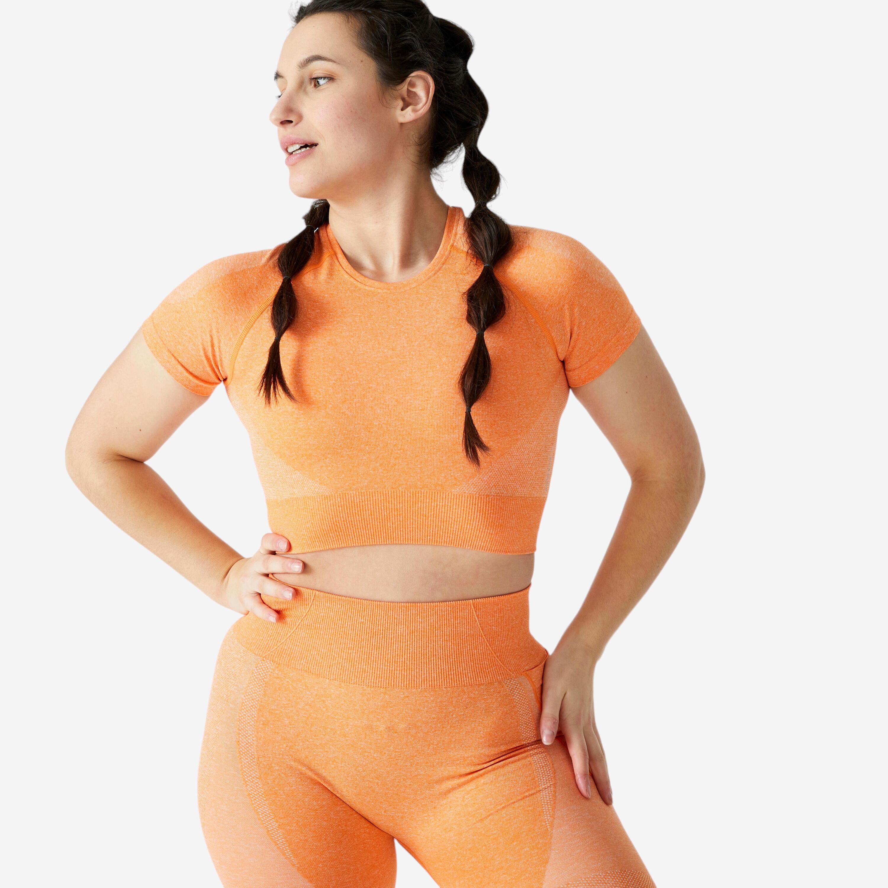 DOMYOS Seamless Short-Sleeved Cropped Fitness T-Shirt - Orange