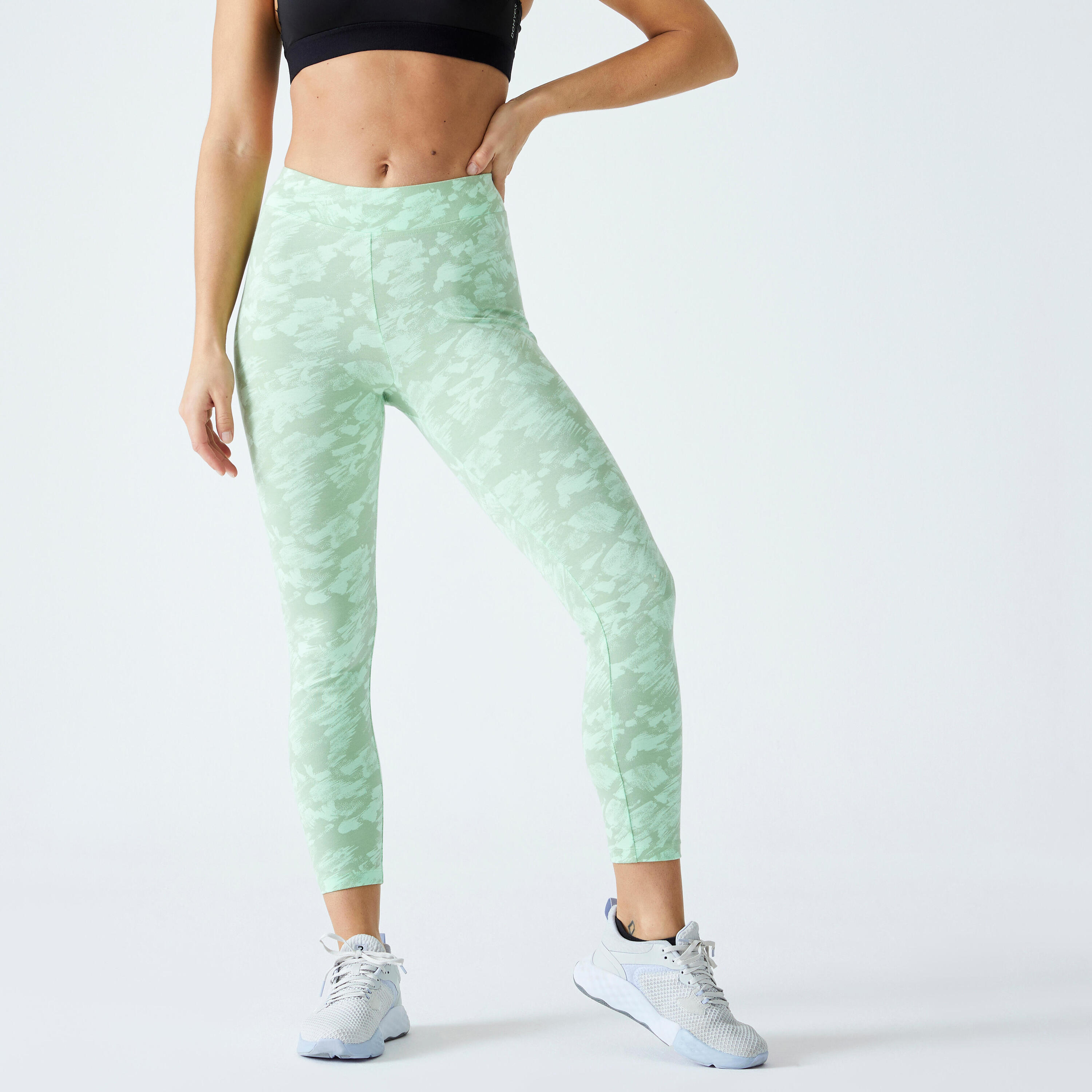 Women's Fitness 7/8 Leggings Fit+ 500 - Green Print 1/5