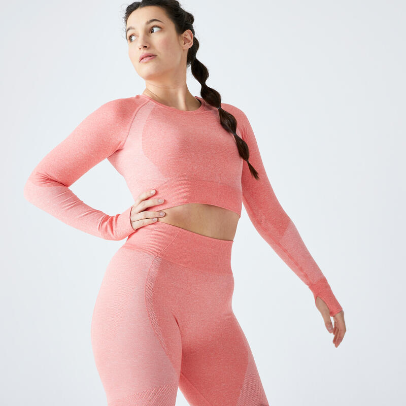 T-shirt manica lunga donna fitness 900 crop top seamless rosa