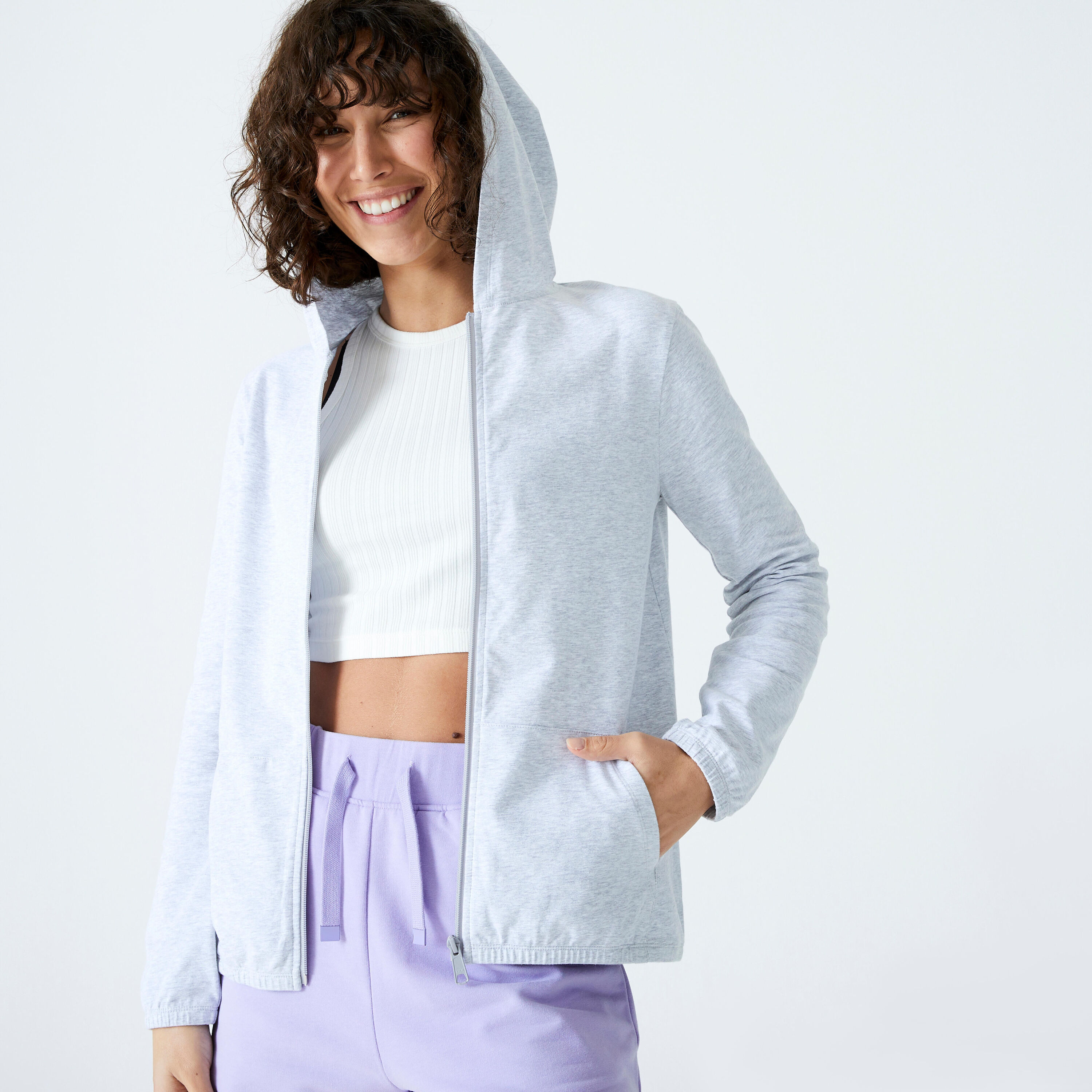 DOMYOS Women's Zip-Up Fitness Sweatshirt 100 - Light Grey