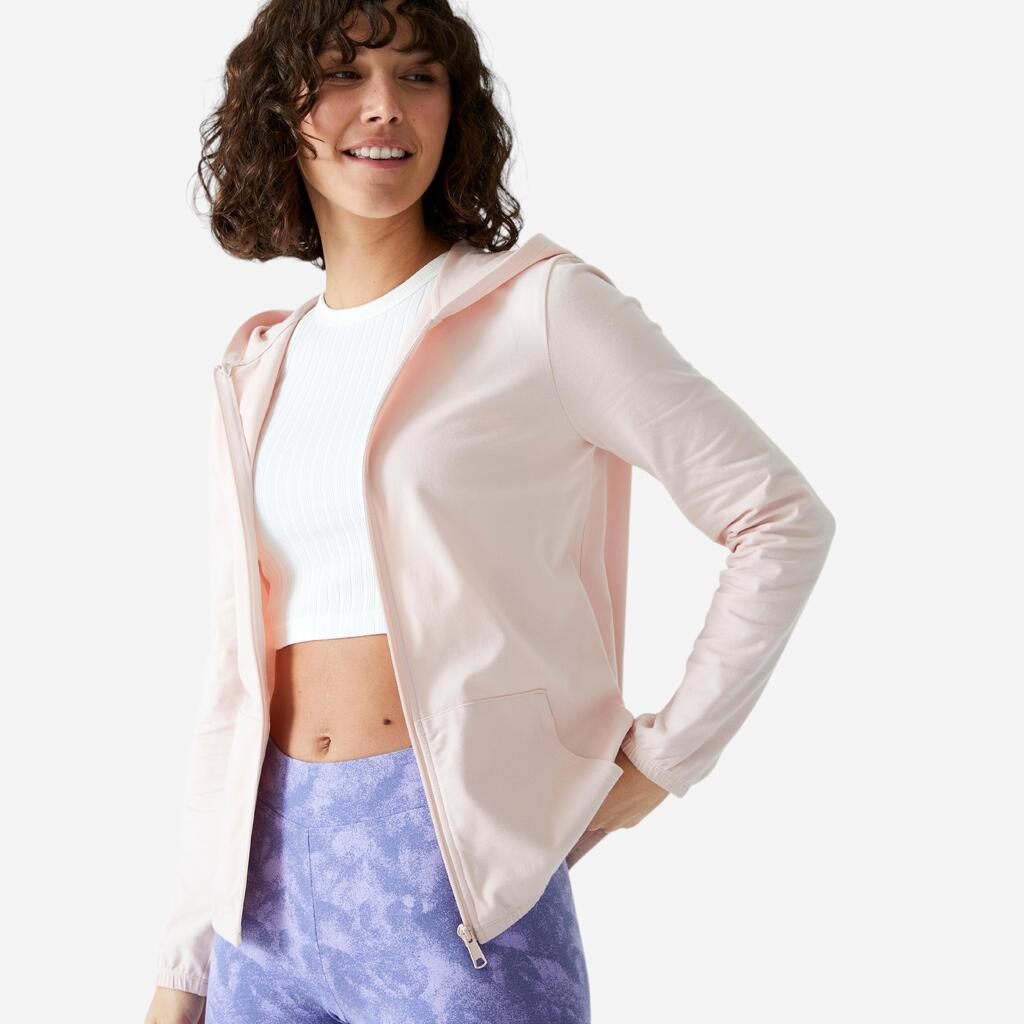 Chaqueta de fitness con capucha y bolsillos para Mujer Domyos 100 rosado pastel