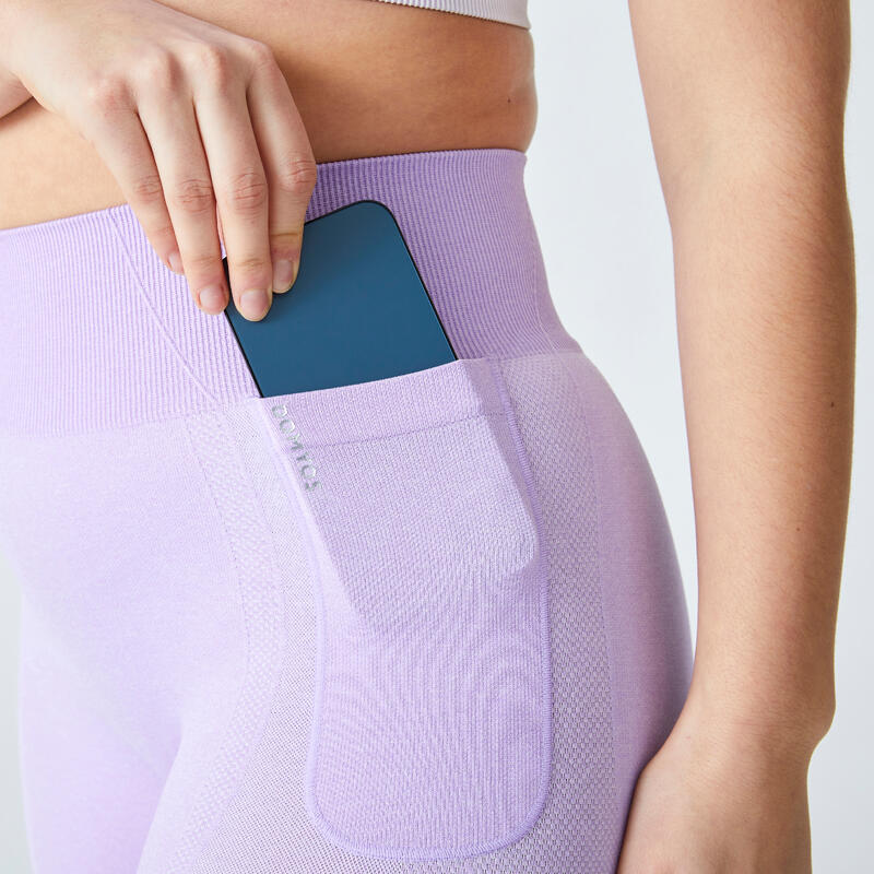 Dámské fitness legíny bezešvé s vysokým pasem a kapsičkou na telefon fialové