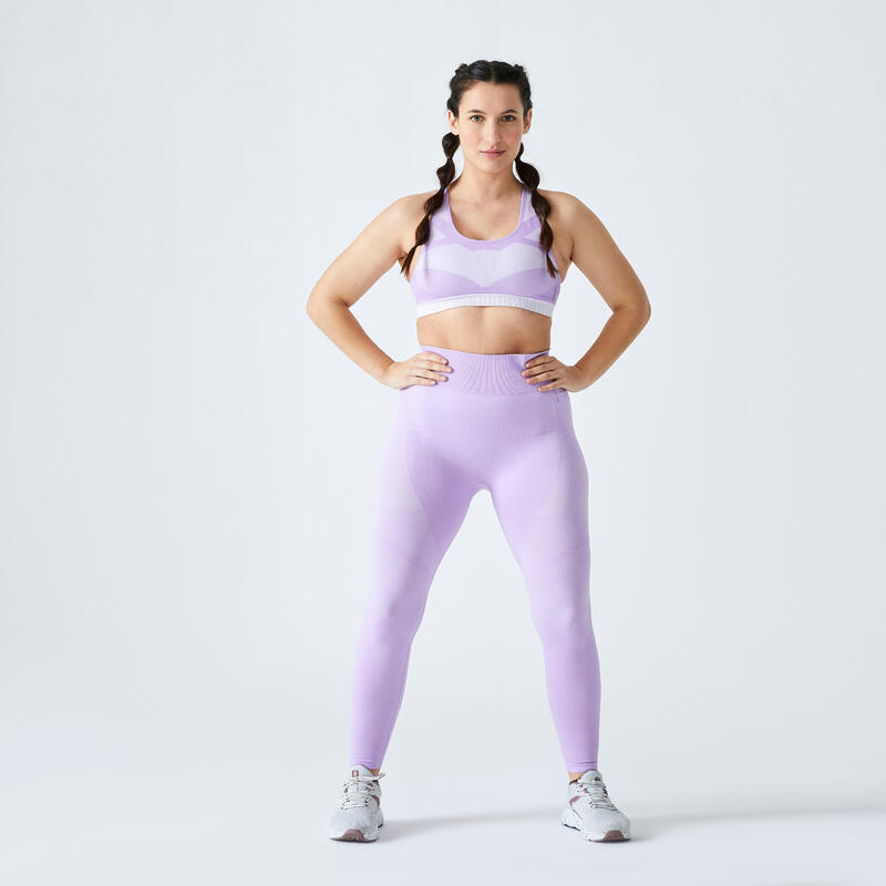 Leggings mit hoher Taille und Smartphonetasche Fitness seamless Damen - violett