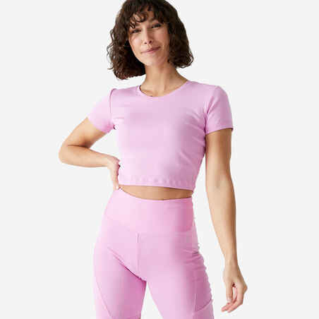 Crop-top de fitness manga corta ajustado para Mujer Domyos 520 rosado
