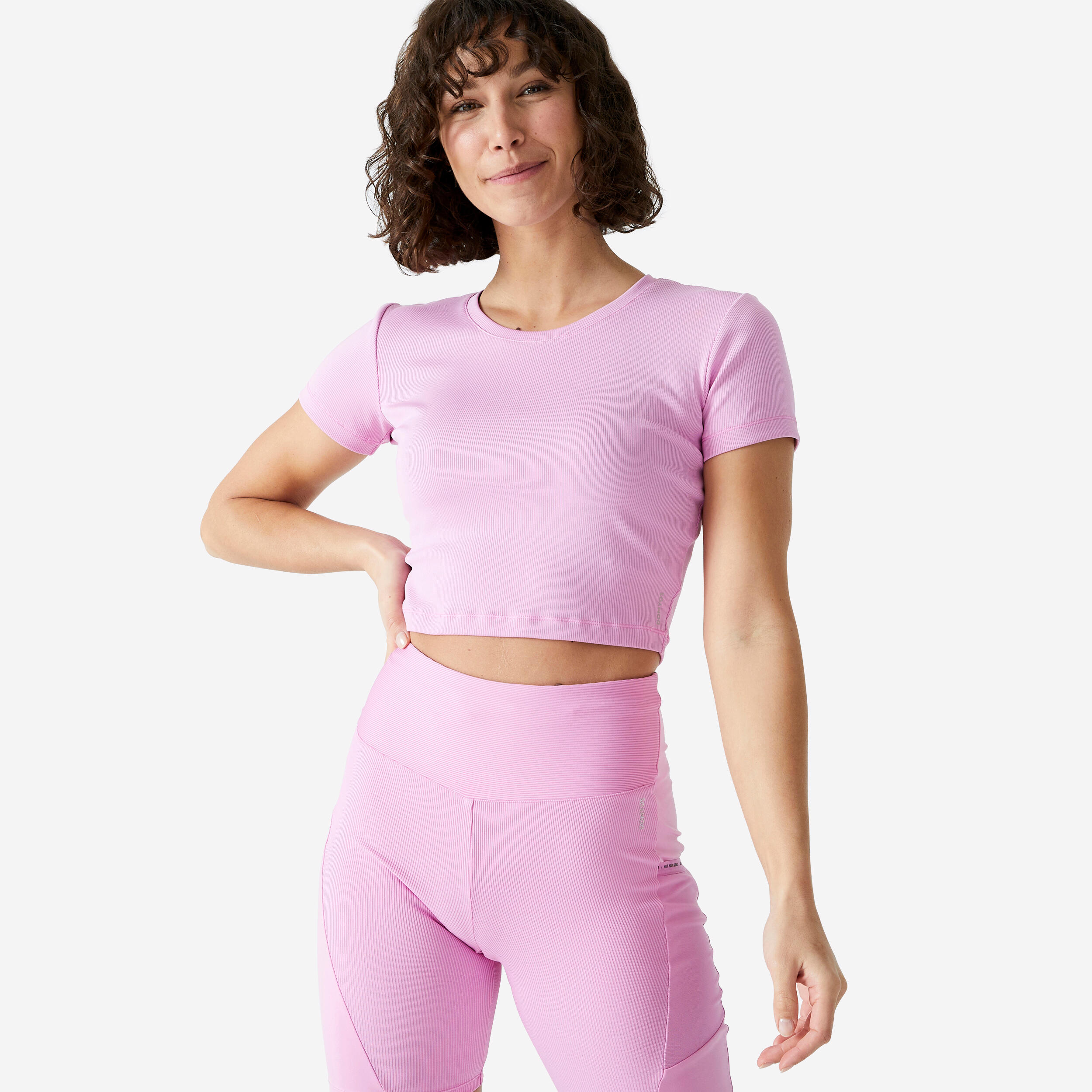 Playera Crop Top Fitness Cardio Mujer Rosa Manga Corta Decathlon