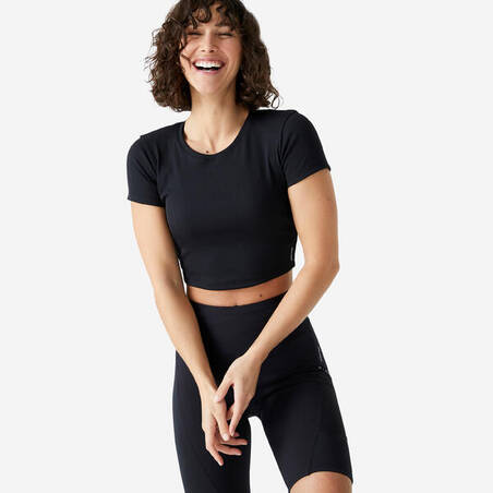 Women's Fitness Cardio Short-Sleeved Cropped T-Shirt - Black - Decathlon