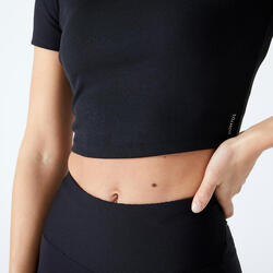 T-shirt crop-top manches courtes Fitness Cardio Femme Noir