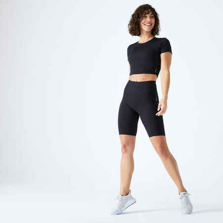 تي شيرت تمارين اللياقة البدنية قصير بأكمام قصيرة للنساء - أسود