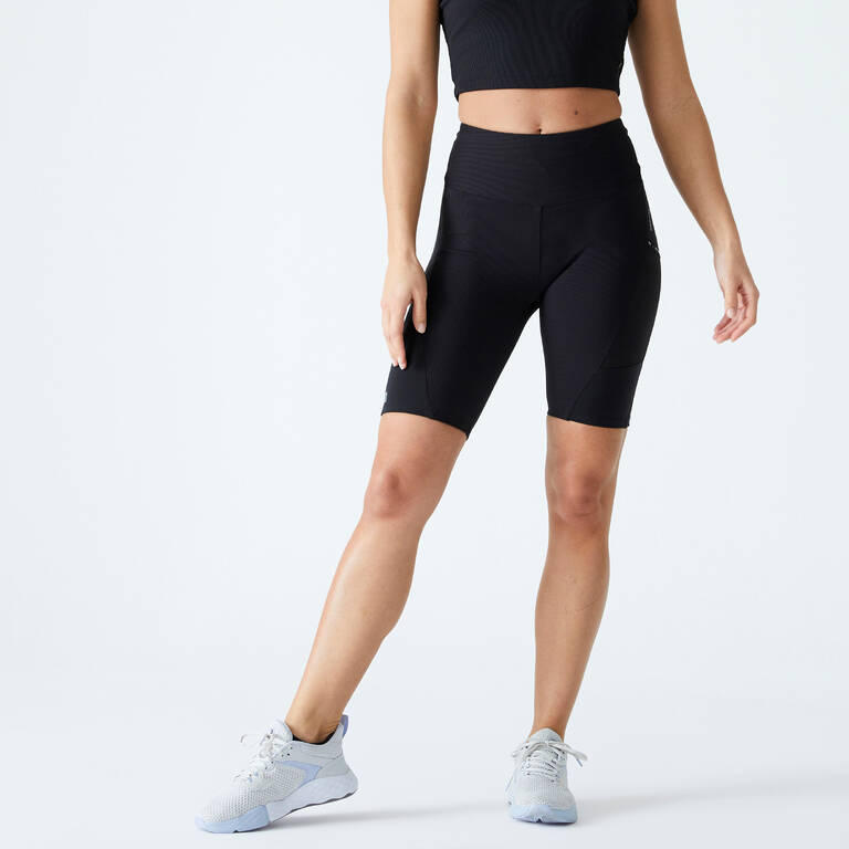 Women's Cardio Fitness Bike Shorts with Phone Pocket - Black