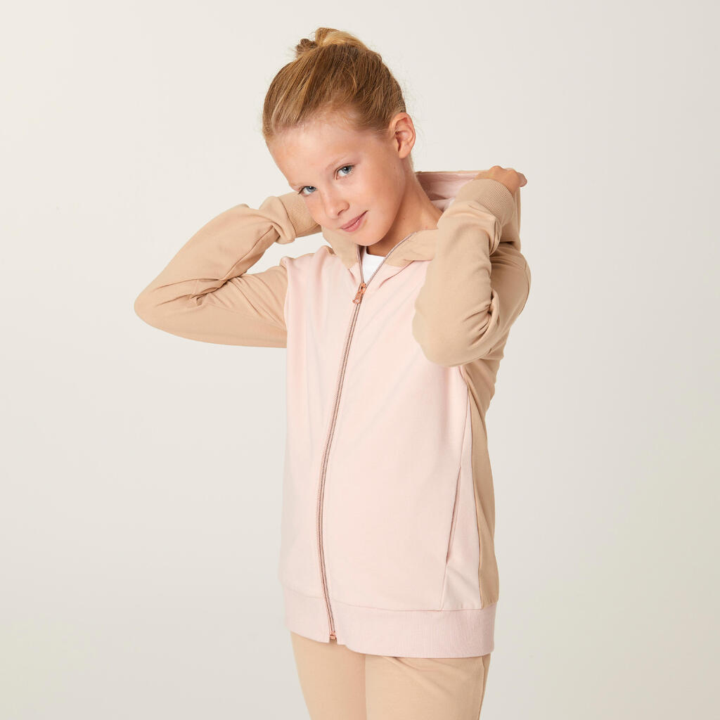 Vaikiškas šiltas sportinis kostiumas, rožinis, smėlio spalvos, kelnės smėlio spalvos