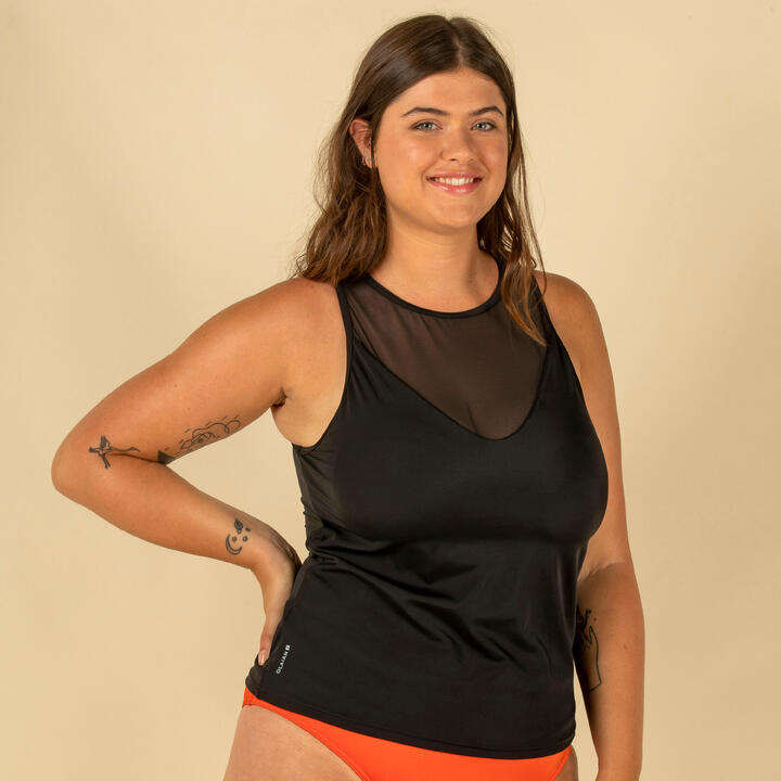 SWIMSUIT TOP TANKINI MAI PLAIN BLACK REMOVABLE CUPS OLAIAN Decathlon