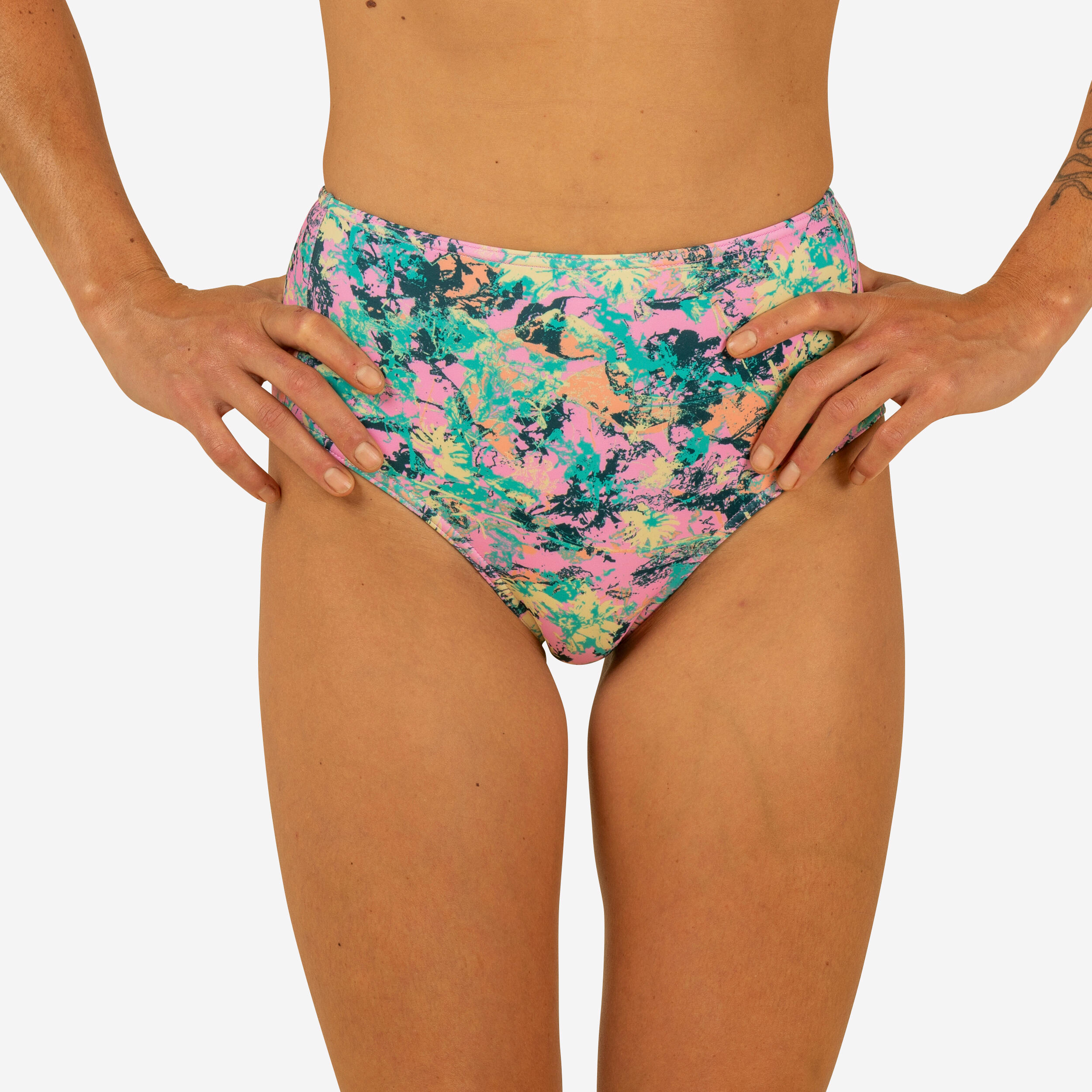 WOMEN'S SWIMSUIT BOTTOMS FOR SURFING HIGH-WAISTED ROMI PUNKY PINK 1/9