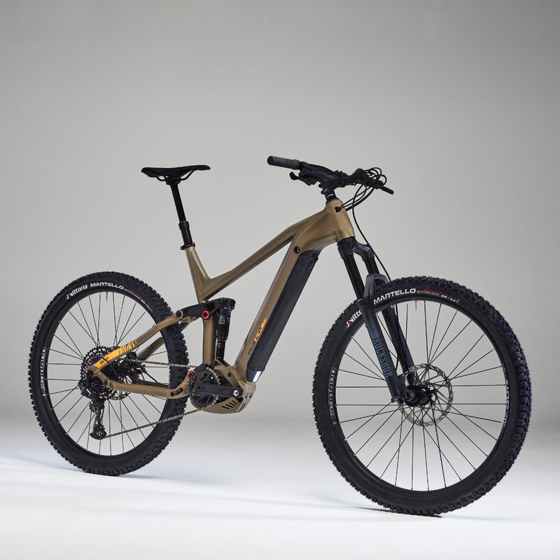 Velo vtt electrique tout suspendu 29 stilus e all mountain ocre pour les clubs et collectivites Decathlon Pro