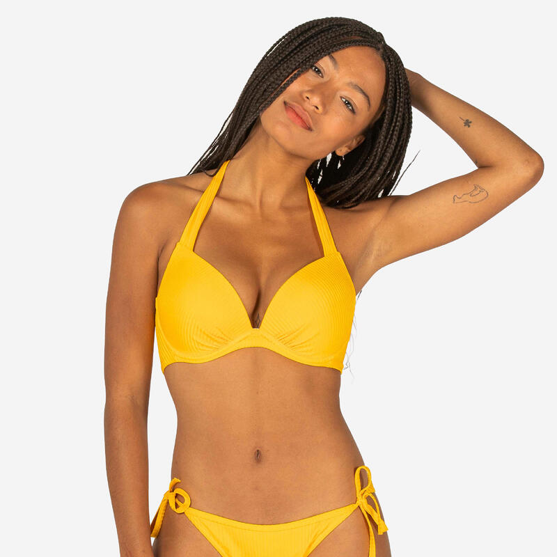 Top bikini Mujer push up relleno fijo aros acanalado amarillo