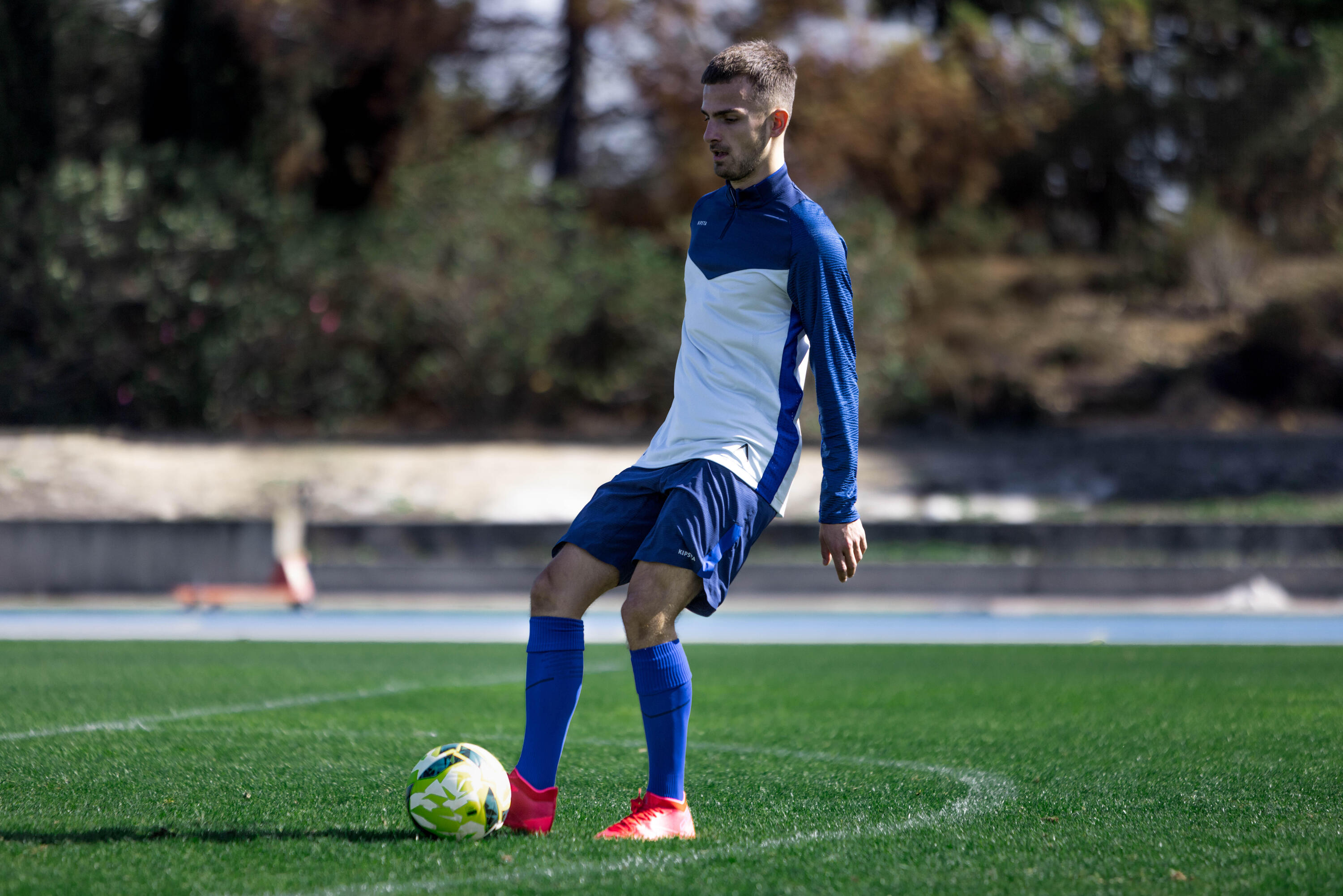 Trainingsshirt met halve rits voor voetbal CLR blauw en grijs 13/15