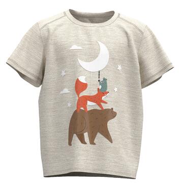 Dečja majica svetlosive boje sa otiskom medveda, lisice i male životinje koji stoje jedni na drugima i drže mesec.