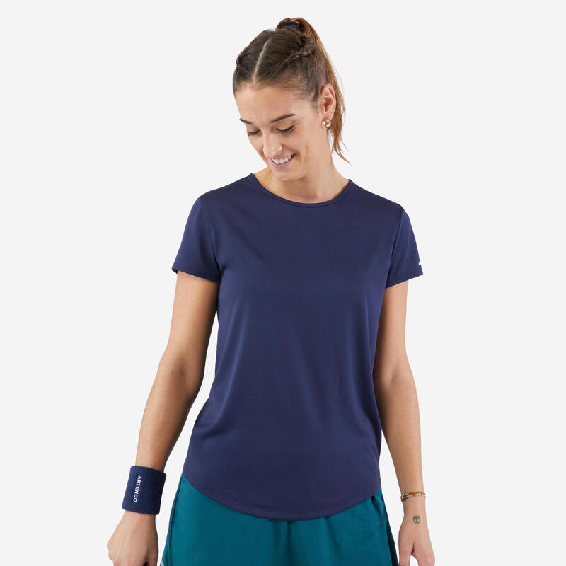 Tennisshirt voor dames Dry Essential 100 ronde hals marineblauw