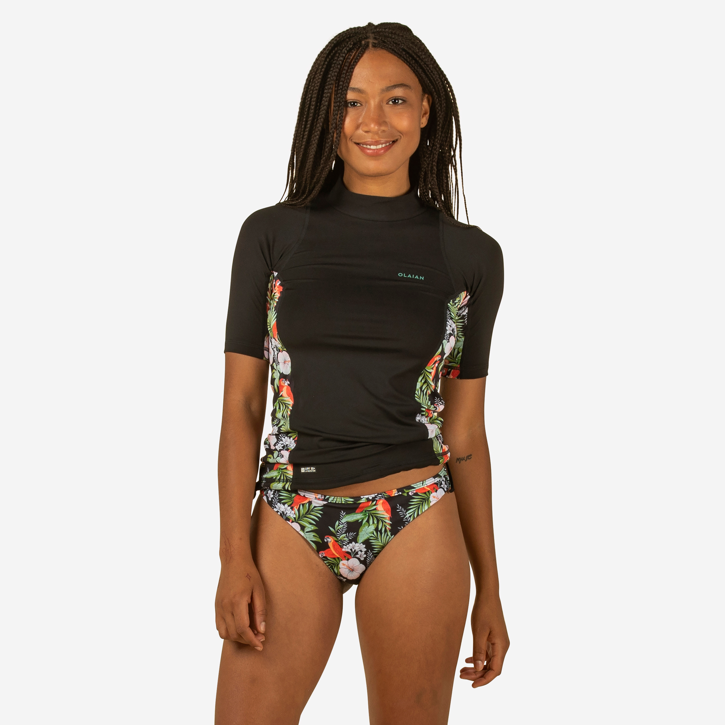 Tee shirt anti UV surf top 500 manches courtes femme noir et floral PARROT