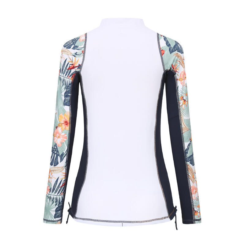 Women's Long Sleeve T-Shirt UV-Protection Surf Top 500 WHITE/PRINT