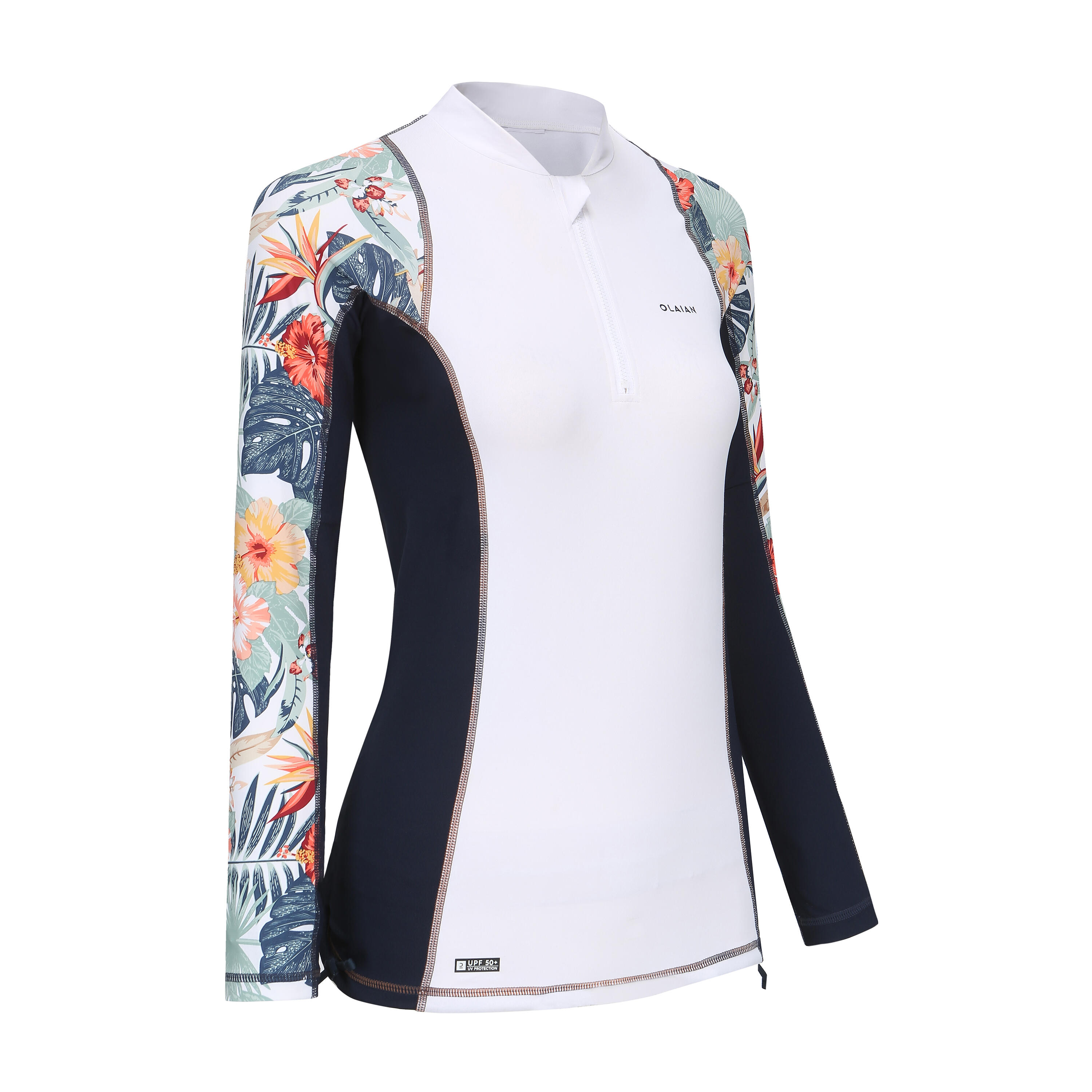 Women s Long Sleeve T Shirt UV Protection Surf Top 500 WHITE PRINT