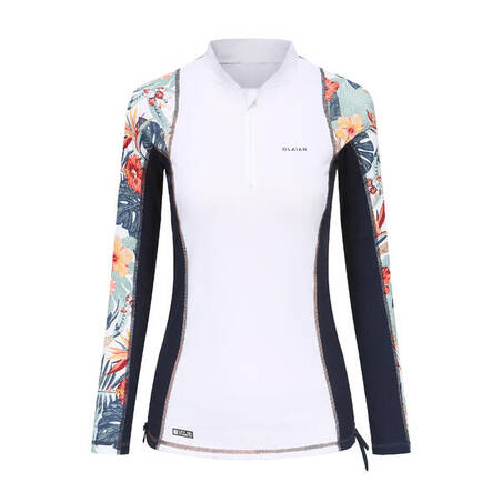 Women's Long Sleeve T-Shirt UV-Protection Surf Top 500 WHITE/PRINT